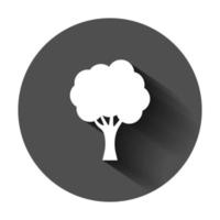 árbol firmar icono en plano estilo. rama bosque vector ilustración en negro redondo antecedentes con largo sombra. madera dura negocio concepto.