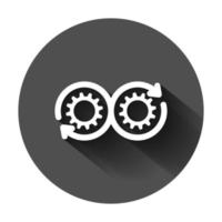 Development icon in flat style. Devops vector illustration on black round background with long shadow. Cog with arrow business concept.