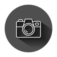 Camera device sign icon in flat style. Photography vector illustration on black round background with long shadow. Cam equipment business concept.