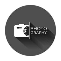 Camera device sign icon in flat style. Photography vector illustration on black round background with long shadow. Cam equipment business concept.