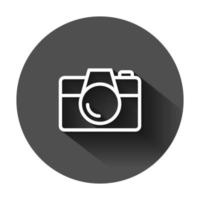 Camera device sign icon in flat style. Photography vector illustration on black round background with long shadow. Cam equipment business concept.