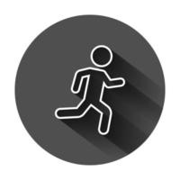 Running people sign icon in flat style. Run silhouette vector illustration on black round background with long shadow. Motion jogging business concept.