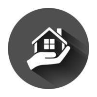 Home care icon in flat style. Hand hold house vector illustration on black round background with long shadow. Building quality business concept.