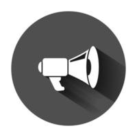 Megaphone speaker icon in flat style. Bullhorn vector illustration on black round background with long shadow. Scream announcement business concept.