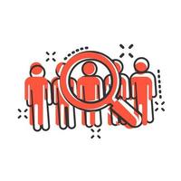 Search job vacancy icon in comic style. Loupe career vector cartoon illustration on white isolated background. Find employer business concept splash effect.