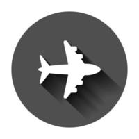 Airplane sign vector icon. Airport plane illustration. Business concept simple flat pictogram on black round background with long shadow.