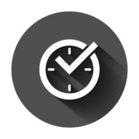 Real time icon in flat style. Clock vector illustration on black round background with long shadow. Watch business concept.