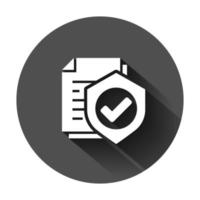 Insurance policy icon in flat style. Report vector illustration on black round background with long shadow. Document business concept.