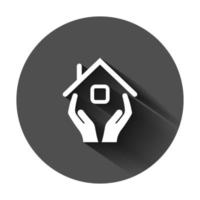 Home care icon in flat style. Hand hold house vector illustration on black round background with long shadow. Building quality business concept.