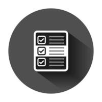 Questionnaire icon in flat style. Online survey vector illustration on black round background with long shadow. Checklist report business concept.