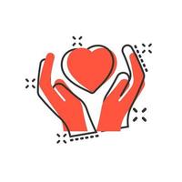 Heart care icon in comic style. Charity vector cartoon illustration on white isolated background. Love in hand business concept splash effect.