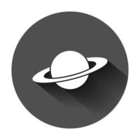 Saturn icon in flat style. Planet vector illustration on black round background with long shadow. Galaxy space business concept.