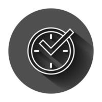 Real time icon in flat style. Clock vector illustration on black round background with long shadow. Watch business concept.