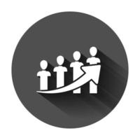 Performance icon in flat style. Career vector illustration on black round background with long shadow. People with arrow business concept.