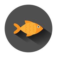 Fish sign icon in flat style. Goldfish vector illustration on black round background with long shadow. Seafood business concept.