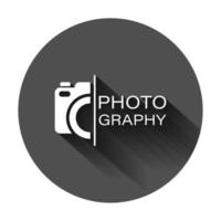 Camera device sign icon in flat style. Photography vector illustration on black round background with long shadow. Cam equipment business concept.