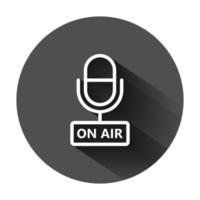 Microphone icon in flat style. Live broadcast vector illustration on black round background with long shadow. On air business concept.