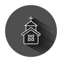 Church icon in flat style. Chapel vector illustration on black round background with long shadow. Religious building business concept.