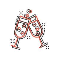 Champagne glass icon in comic style. Alcohol drink vector cartoon illustration on white isolated background. Cocktail splash effect business concept.