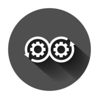 desarrollo icono en plano estilo. devops vector ilustración en negro redondo antecedentes con largo sombra. diente con flecha negocio concepto.