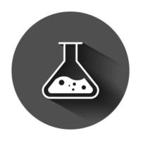 Chemistry beakers sign icon in flat style. Flask test tube vector illustration on black round background with long shadow. Alchemy business concept.