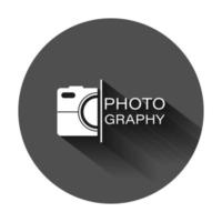 Camera device sign icon in flat style. Photography vector illustration on black round background with long shadow. Cam equipment business concept.