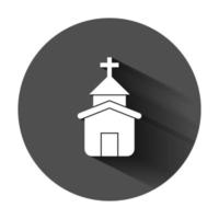 Church icon in flat style. Chapel vector illustration on black round background with long shadow. Religious building business concept.