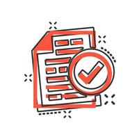 Compliance document icon in comic style. Approved process vector cartoon illustration on white isolated background. Checkmark business concept splash effect.