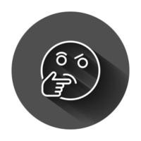 Thinking face icon in flat style. Smile emoticon vector illustration on black round background with long shadow. Character business concept.