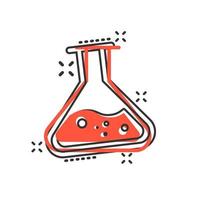 los vasos de precipitados de química firman un icono en estilo cómico. ilustración de dibujos animados de vector de tubo de ensayo de matraz sobre fondo blanco aislado. efecto de salpicadura del concepto de negocio de alquimia.