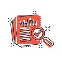 Audit document icon in comic style. Result report vector cartoon illustration on white isolated background. Verification control business concept splash effect.