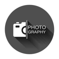 Camera device sign icon in flat style. Photography vector illustration on black round background with long shadow. Cam equipment business concept.