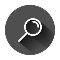 Loupe sign icon in flat style. Magnifier vector illustration on black round background with long shadow. Search business concept.