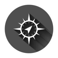 Global navigation icon in flat style. Compass gps vector illustration on black round background with long shadow. Location discovery business concept.