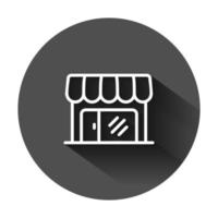 Grocery store icon in flat style. Shop building vector illustration on black round background with long shadow. Market boutique business concept.