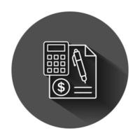 Money calculation icon in flat style. Budget banking vector illustration on black round background with long shadow. Financial payment business concept.