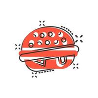 icono de signo de hamburguesa en estilo cómico. ilustración de dibujos animados de vector de hamburguesa sobre fondo blanco aislado. efecto de salpicadura de concepto de negocio de hamburguesa con queso.