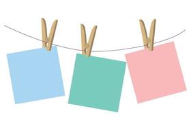 vector blank post-its.Multi-colored note paper on a white background hangs on a rope.