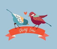 Postcard with spring quotes, birds, ribbon, heart. Hand drawn spring vector. vector