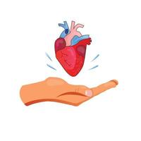 Heart donation flat vector illustration. Give a hand with heart symbol. Donor card of the day. Bioengineering technology to create viable organs for transplantation concept.