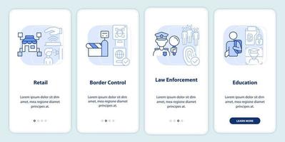 Biometrics integration light blue onboarding mobile app screen. Walkthrough 4 steps editable graphic instructions with linear concepts. UI, UX, GUI template vector