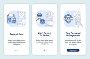 Digital identity advantages light blue onboarding mobile app screen. Walkthrough 4 steps editable graphic instructions with linear concepts. UI, UX, GUI template vector