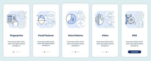 Biometric technology light blue onboarding mobile app screen. Identity walkthrough 5 steps editable graphic instructions with linear concepts. UI, UX, GUI template vector