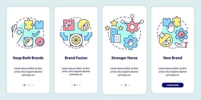 Brand consolidation strategies onboarding mobile app screen. Mergering walkthrough 4 steps editable graphic instructions with linear concepts. UI, UX, GUI template vector