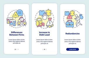 Cons of business consolidation onboarding mobile app screen. Issues walkthrough 3 steps editable graphic instructions with linear concepts. UI, UX, GUI template vector