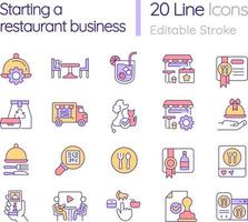 Starting restaurant business RGB color icons set. Foodservice establishment design. Isolated vector illustrations. Simple filled line drawings collection. Editable stroke