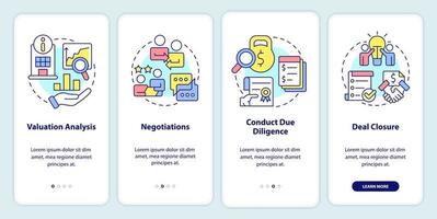 Stages of merger onboarding mobile app screen. Business consolidation walkthrough 4 steps editable graphic instructions with linear concepts. UI, UX, GUI template vector