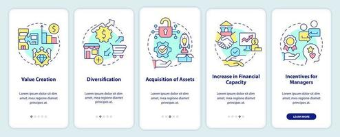 Motives for mergers onboarding mobile app screen. Consolidation walkthrough 5 steps editable graphic instructions with linear concepts. UI, UX, GUI template vector