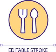 Serving utensils with plate RGB color icon. Knife and fork. Silverware. Kitchen equipment. Eating tools. Isolated vector illustration. Simple filled line drawing. Editable stroke