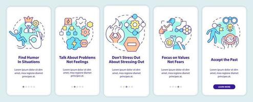 Dealing with change onboarding mobile app screen. Easy adaptation walkthrough 5 steps editable graphic instructions with linear concepts. UI, UX, GUI template vector